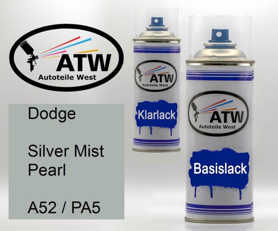 Dodge, Silver Mist Pearl, A52 / PA5: 400ml Sprühdose + 400ml Klarlack - Set, von ATW Autoteile West.